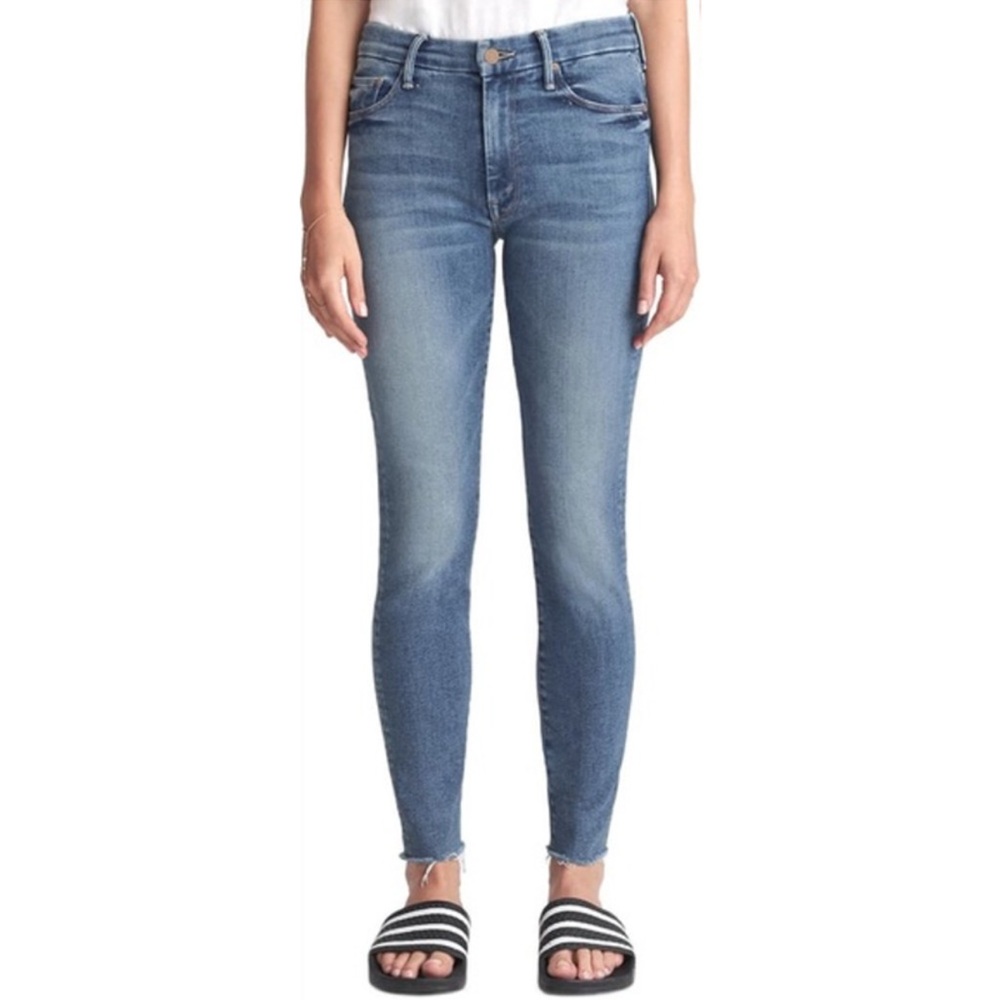 MOTHER The High Waisted Looker Ankle Fray Jeans Hop On Hop Off Blue 34